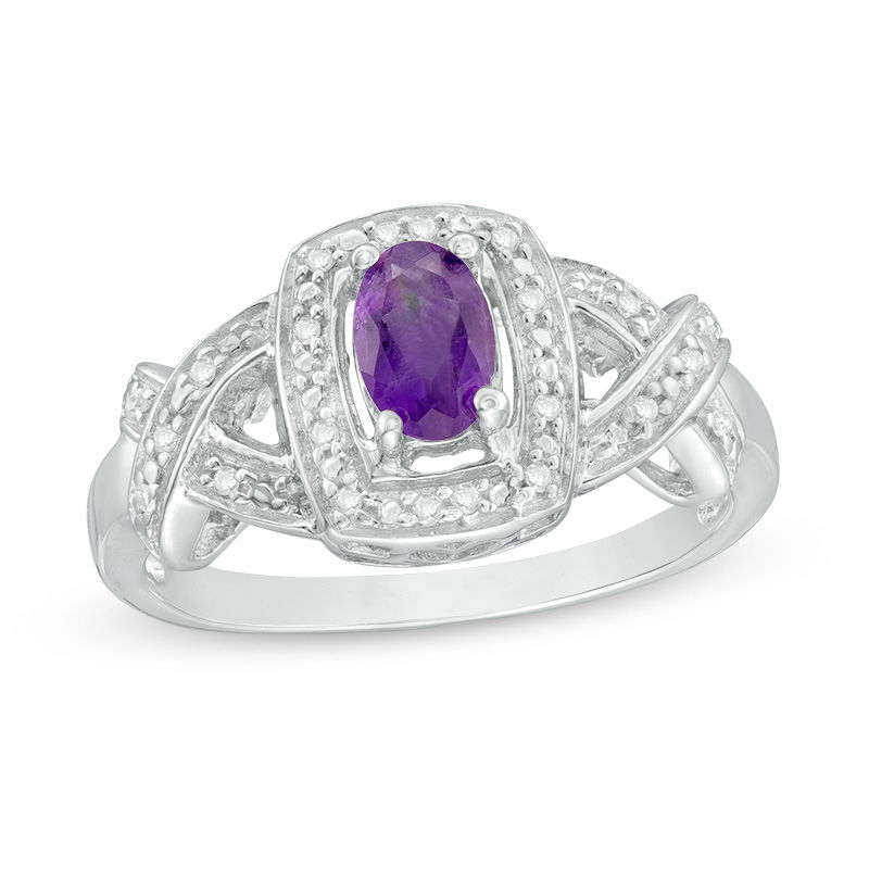 Main Image 1 of Oval Amethyst and 1/20 CT. T.W. Diamond Cushion Frame Twist Ring in Sterling Silver