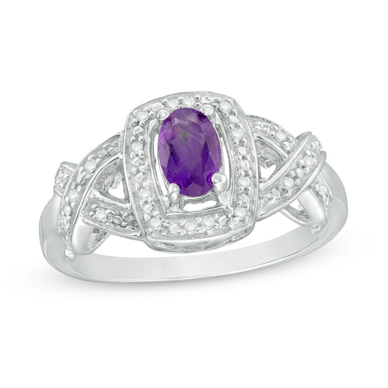 Oval Amethyst and 1/20 CT. T.W. Diamond Cushion Frame Twist Ring in Sterling Silver