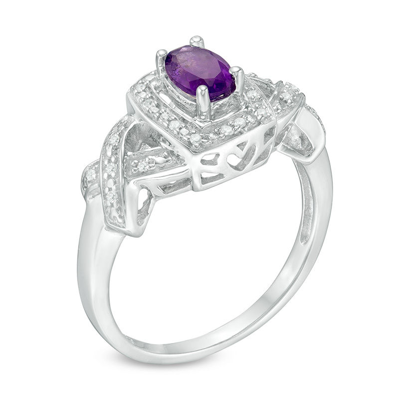 Oval Amethyst and 1/20 CT. T.W. Diamond Cushion Frame Twist Ring in Sterling Silver