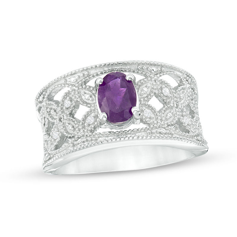 Oval Amethyst and Diamond Accent Vintage-Style Ring in Sterling Silver