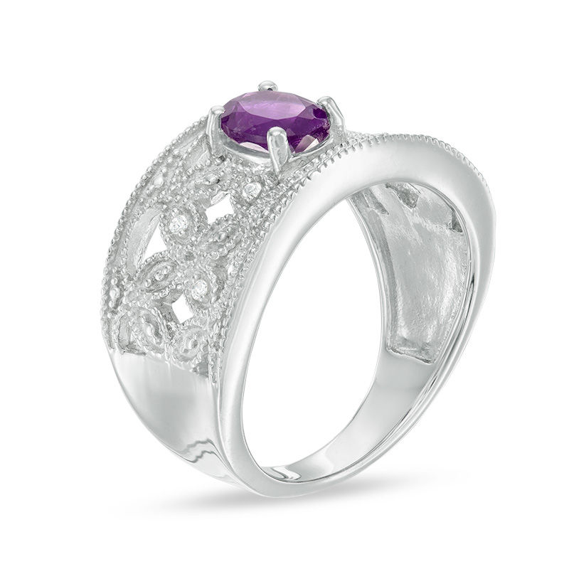 Oval Amethyst and Diamond Accent Vintage-Style Ring in Sterling Silver