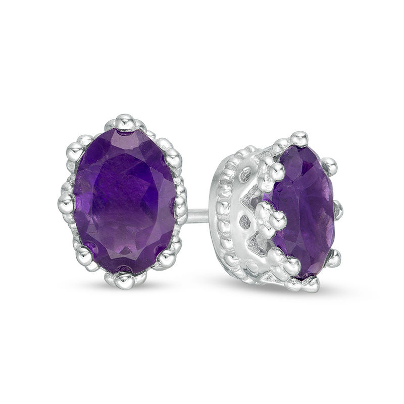 Oval Amethyst Solitaire Crown Stud Earrings in Sterling Silver