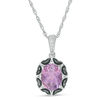 Thumbnail Image 0 of Oval Amethyst and Black Diamond Accent Scallop Frame Pendant in Sterling Silver