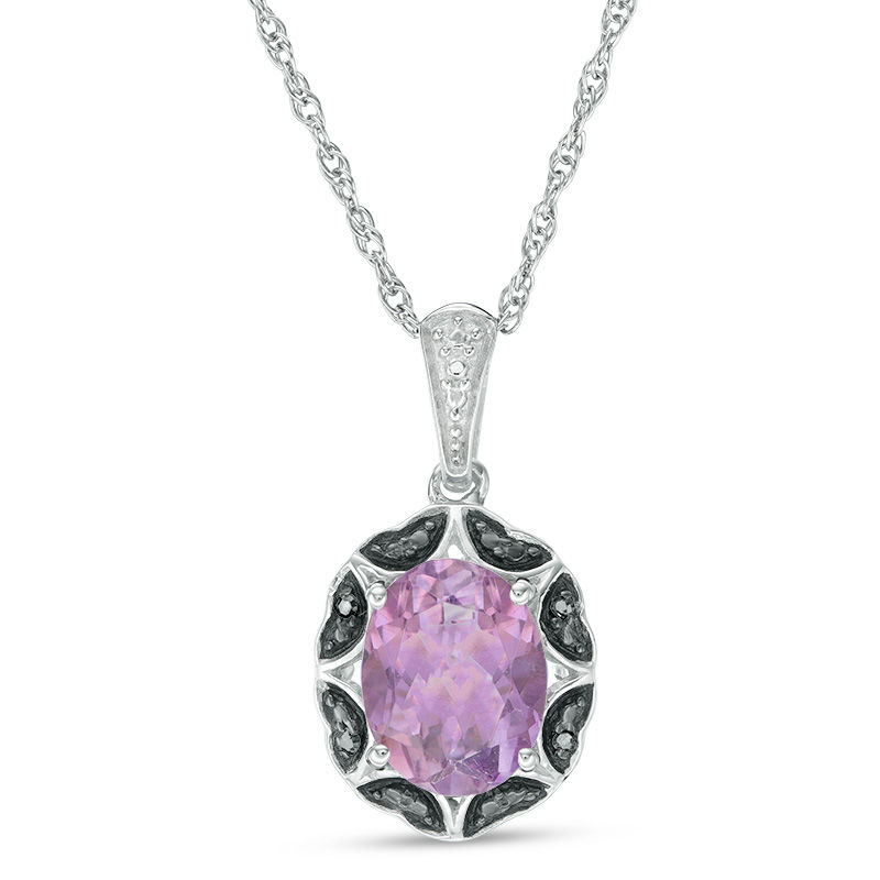 Oval Amethyst and Black Diamond Accent Scallop Frame Pendant in Sterling Silver