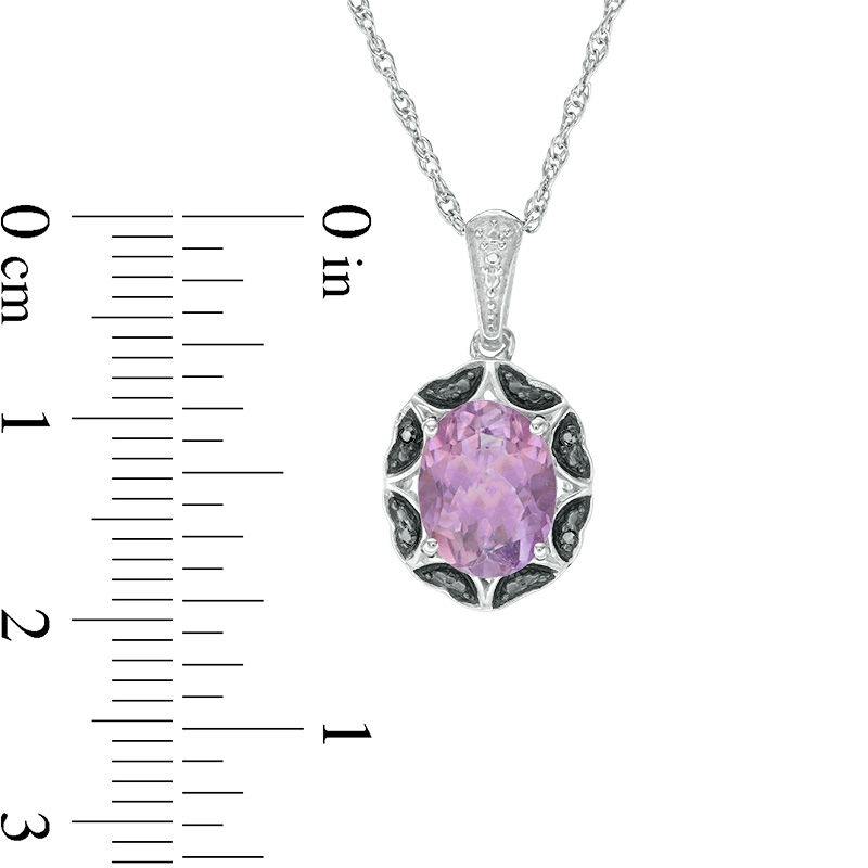 Oval Amethyst and Black Diamond Accent Scallop Frame Pendant in Sterling Silver