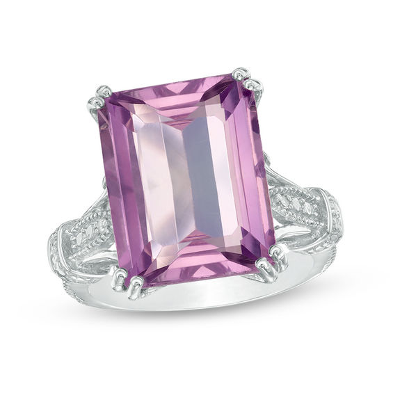 Emerald-Cut Amethyst and Diamond Accent Vintage-Style Ring in Sterling ...