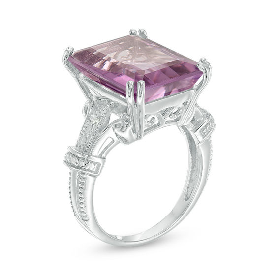 Emerald-Cut Amethyst and Diamond Accent Vintage-Style Ring in Sterling Silver