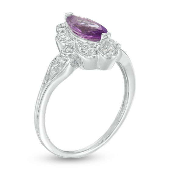 Marquise Amethyst and Diamond Accent Scallop Frame Ring in Sterling Silver