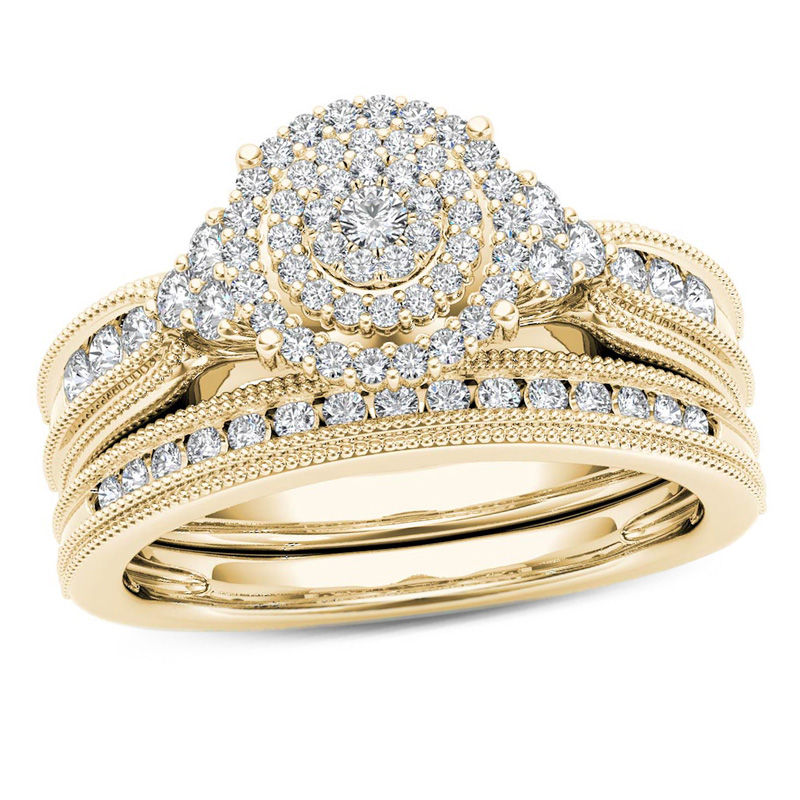 Main Image 1 of 1/2 CT. T.W. Diamond Triple Frame Tri-Sides Vintage-Style Bridal Set in 10K Gold