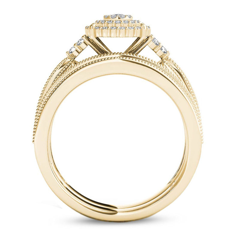 Main Image 3 of 1/2 CT. T.W. Diamond Triple Frame Tri-Sides Vintage-Style Bridal Set in 10K Gold