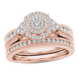 1/2 CT. T.W. Diamond Triple Frame Tri-Sides Vintage-Style Bridal Set in 10K Rose Gold