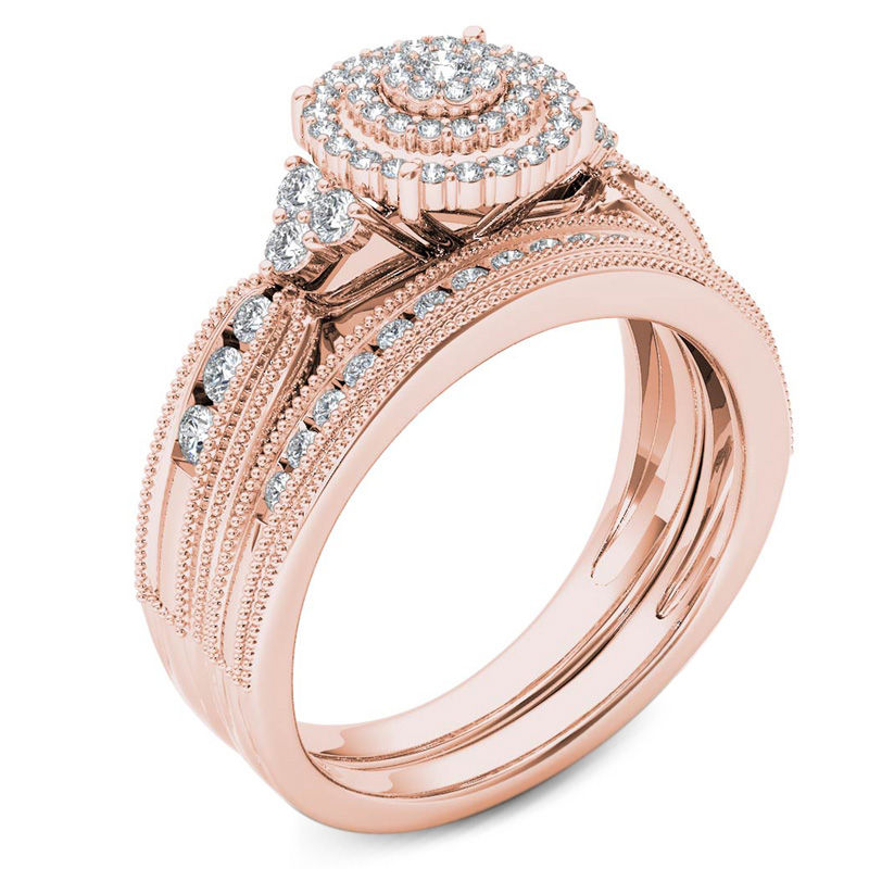 Main Image 2 of 1/2 CT. T.W. Diamond Triple Frame Tri-Sides Vintage-Style Bridal Set in 10K Rose Gold