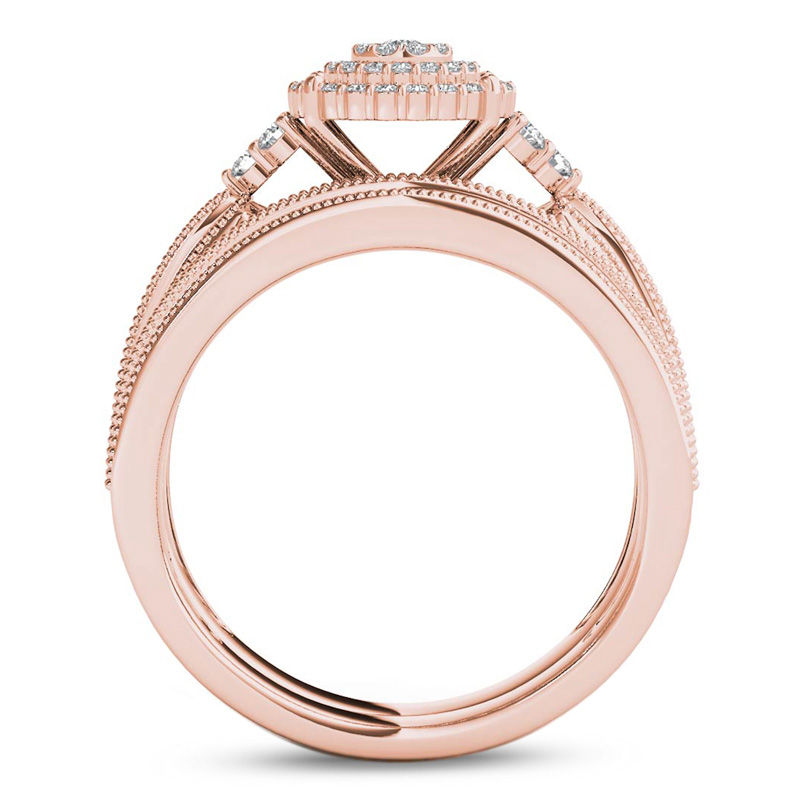 Main Image 3 of 1/2 CT. T.W. Diamond Triple Frame Tri-Sides Vintage-Style Bridal Set in 10K Rose Gold