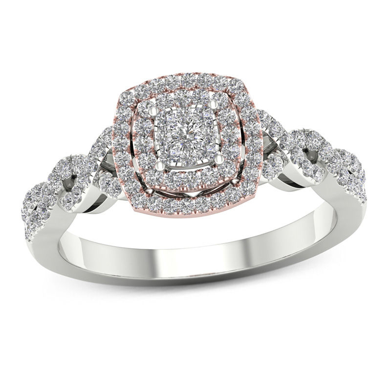 1/3 CT. T.W. Composite Diamond Double Cushion Frame Twist Engagement Ring in 14K Two-Tone Gold