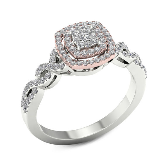 1/3 CT. T.w. Composite Diamond Double Cushion Frame Twist Engagement Ring in 14K Two-Tone Gold