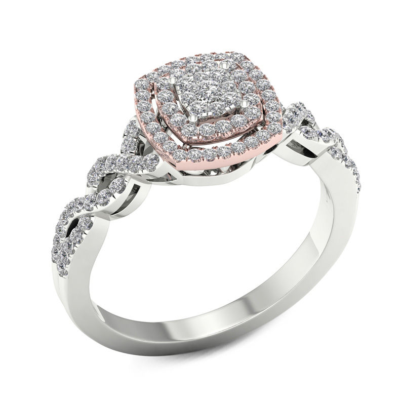 1/3 CT. T.W. Composite Diamond Double Cushion Frame Twist Engagement Ring in 14K Two-Tone Gold