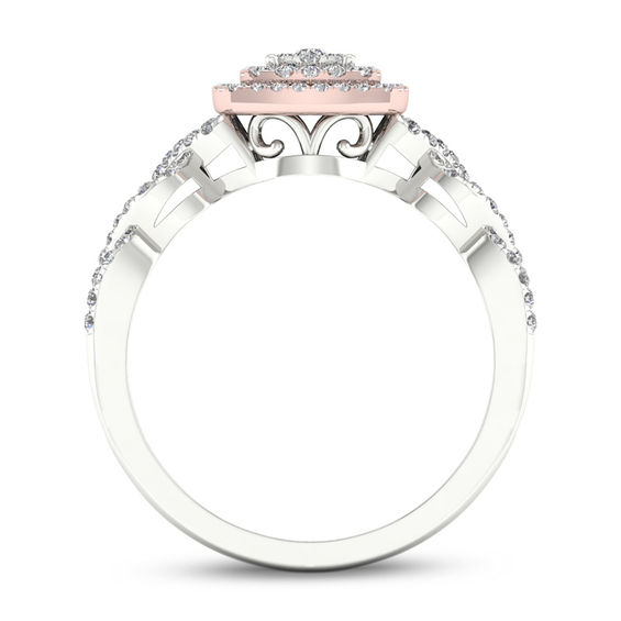 1/3 CT. T.w. Composite Diamond Double Cushion Frame Twist Engagement Ring in 14K Two-Tone Gold