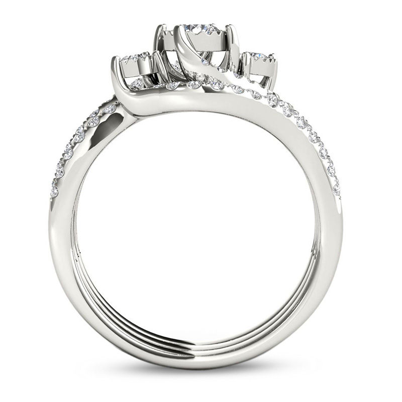 Main Image 3 of 3/4 CT. T.W. Diamond Three Stone Bypass Three Piece Bridal Set in 14K White Gold
