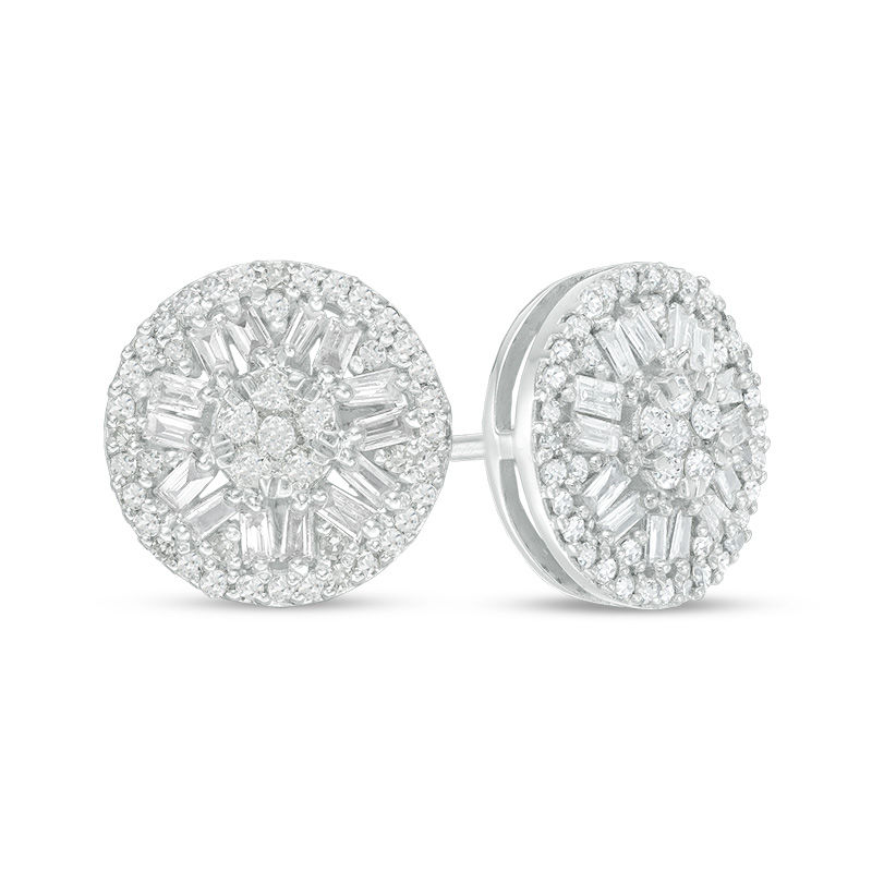 Main Image 1 of 1/2 CT. T.W. Baguette and Round Multi-Diamond Frame Stud Earrings in 10K White Gold