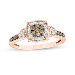 1/5 CT. T.W. Champagne and White Composite Diamond Cushion Frame Promise Ring in 10K Rose Gold