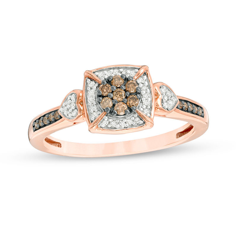 Main Image 1 of 1/5 CT. T.W. Champagne and White Composite Diamond Cushion Frame Promise Ring in 10K Rose Gold