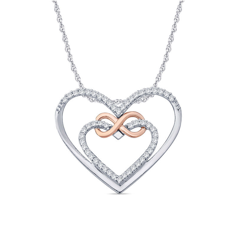 Main Image 1 of 1/10 CT. T.W. Diamond Infinity Double Heart Pendant in Sterling Silver and 10K Rose Gold