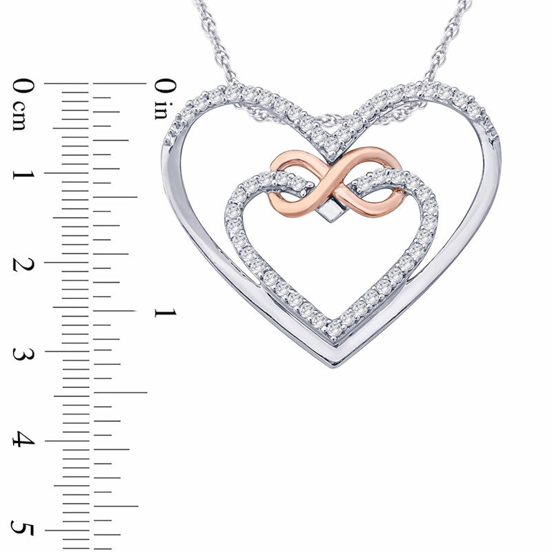 Main Image 2 of 1/10 CT. T.W. Diamond Infinity Double Heart Pendant in Sterling Silver and 10K Rose Gold