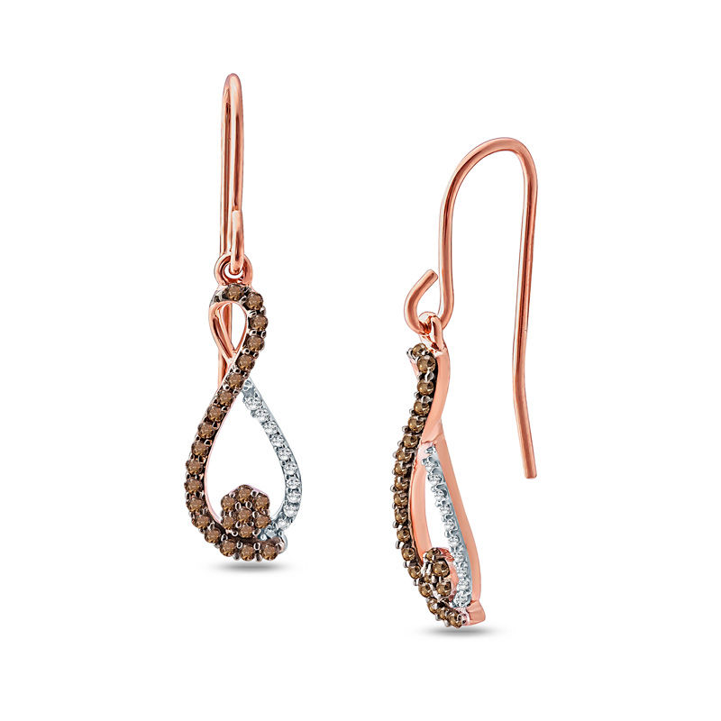 Main Image 1 of 1/4 CT. T.W. Composite Champagne and White Diamond Infinity Drop Earrings in 10K Rose Gold