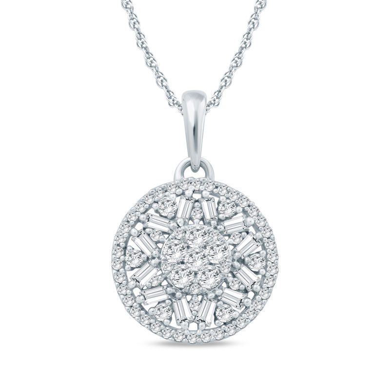 1/2 CT. T.W. Composite Baguette and Round Diamond Frame Pendant in 10K White Gold