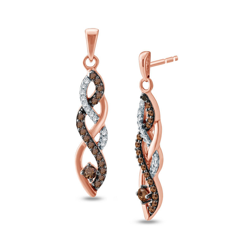 Main Image 1 of 1/4 CT. T.W. Champagne and White Diamond Braid Drop Earrings in 10K Rose Gold