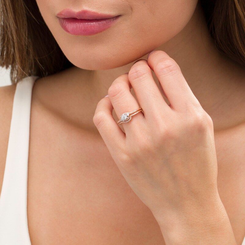 Main Image 2 of 1/4 CT. T.W. Diamond Bypass Three Stone Bridal Set in 10K Rose Gold