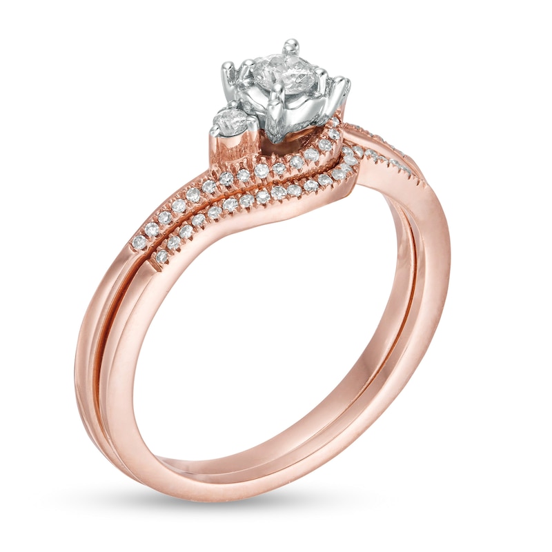 Main Image 3 of 1/4 CT. T.W. Diamond Bypass Three Stone Bridal Set in 10K Rose Gold