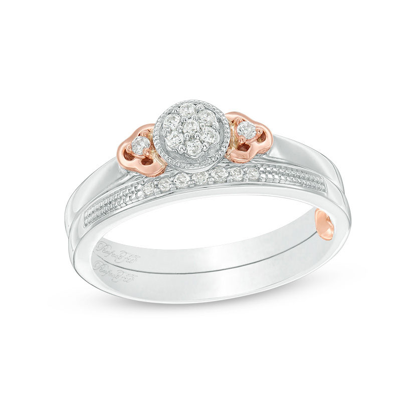 Main Image 1 of 1/8 CT. T.W. Composite Diamond Flower-Sides Interlocking Bridal Set in 10K Two-Tone Gold