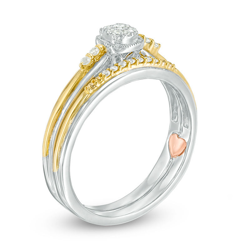 Main Image 2 of 1/8 CT. T.W. Composite Diamond Cushion Frame Interlocking Bridal Set in 10K Two-Tone Gold