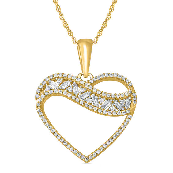 1/3 CT. T.W. Baguette and Round Diamond Heart Pendant in 10K Gold ...