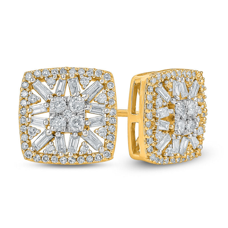 Main Image 1 of 1/2 CT. T.W. Baguette and Round Multi-Diamond Cushion Frame Stud Earrings in 10K Gold