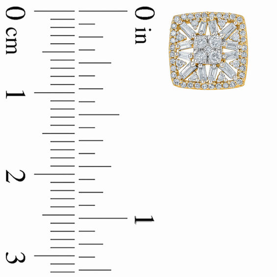 1/2 CT. T.w. Baguette and Round Multi-Diamond Cushion Frame Stud Earrings in 10K Gold