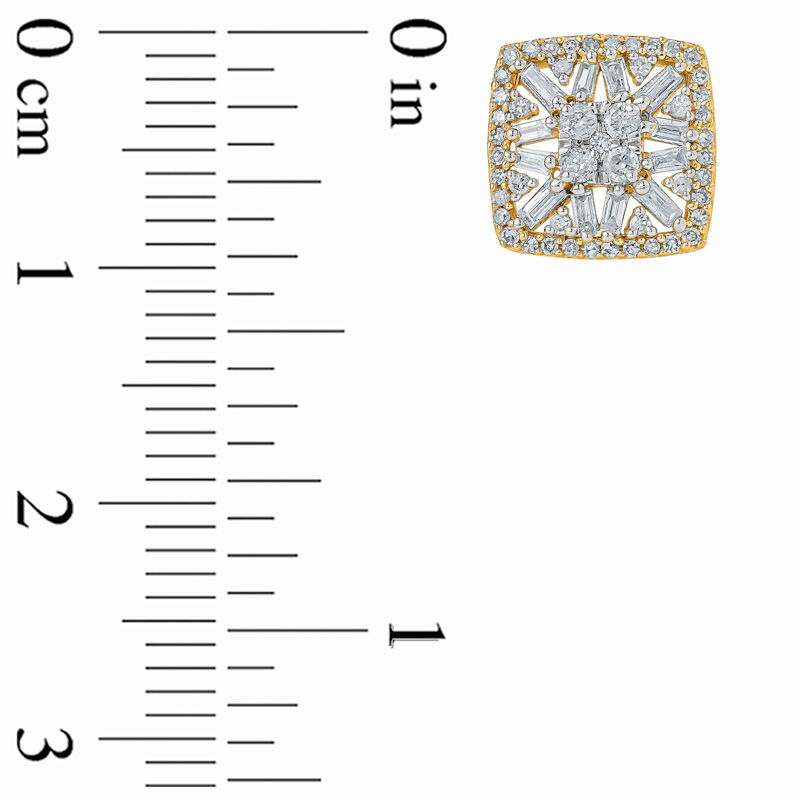 1/2 CT. T.W. Baguette and Round Multi-Diamond Cushion Frame Stud Earrings in 10K Gold