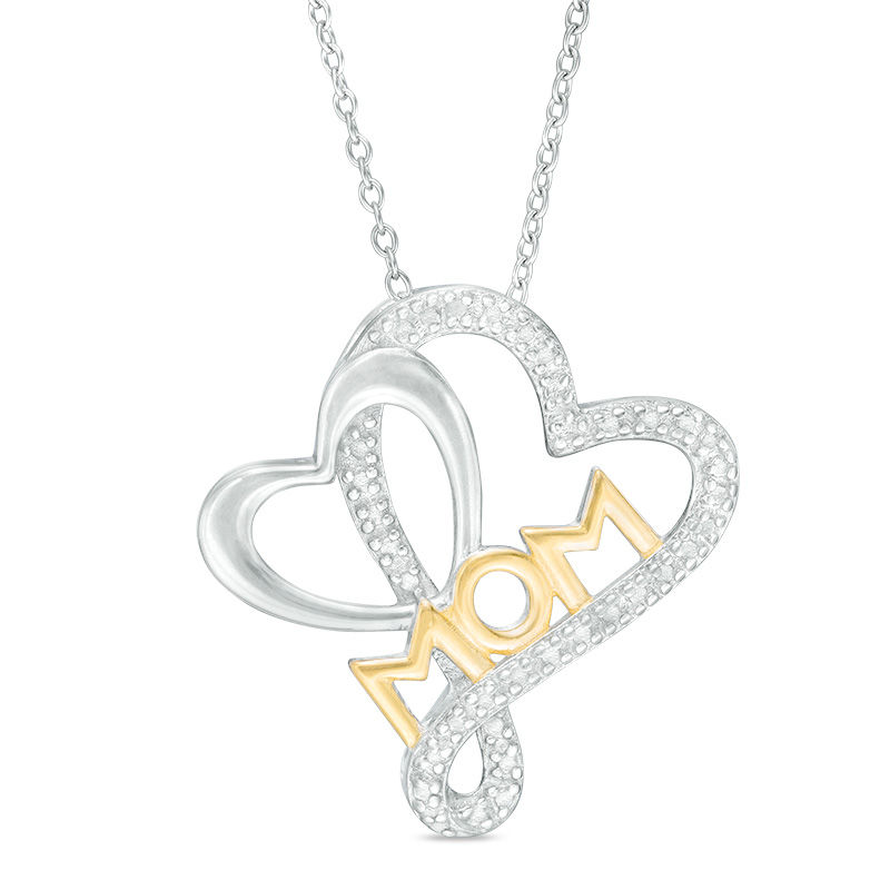 Diamond Accent Double Heart "MOM" Pendant in Sterling Silver with 18K Gold Plate