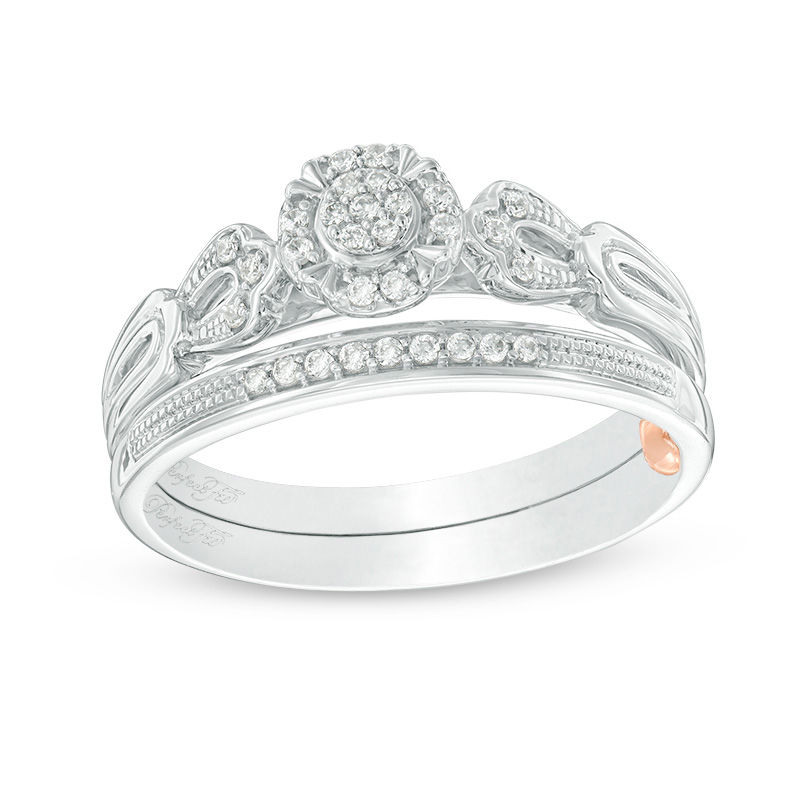 Main Image 1 of 1/8 CT. T.W. Composite Diamond Frame Vintage-Style Interlocking Bridal Set in 10K White Gold
