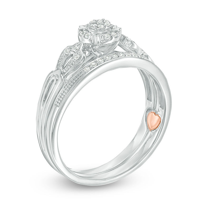 Main Image 2 of 1/8 CT. T.W. Composite Diamond Frame Vintage-Style Interlocking Bridal Set in 10K White Gold
