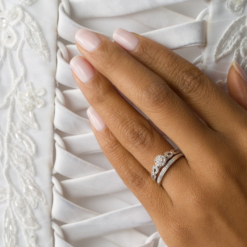 Main Image 3 of 1/8 CT. T.W. Composite Diamond Frame Vintage-Style Interlocking Bridal Set in 10K White Gold