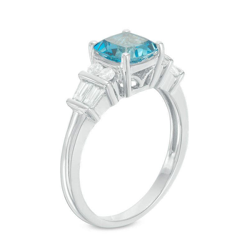 7.0mm Cushion-Cut Swiss Blue Topaz and Lab-Created White Sapphire Double Collar Ring in Sterling Silver