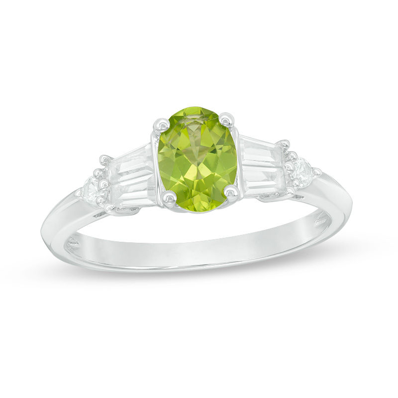 Oval Peridot and Lab-Created White Sapphire Tri-Sides Ring in Sterling Silver