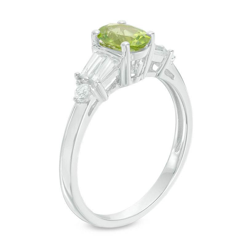 Oval Peridot and Lab-Created White Sapphire Tri-Sides Ring in Sterling Silver