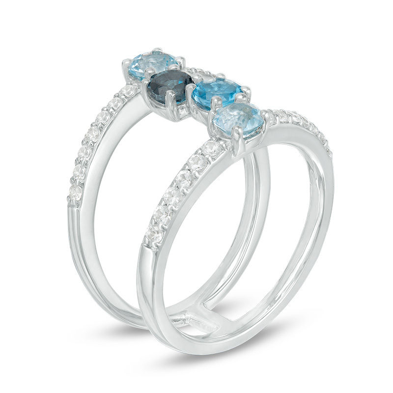 Sky, Swiss and London Blue Topaz and Lab-Created White Sapphire Open Shank Ring in Sterling Silver