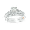 Thumbnail Image 1 of 1/2 CT. T.W. Emerald-Cut Diamond Frame Vintage-Style Interlocking Bridal Set in 10K White Gold