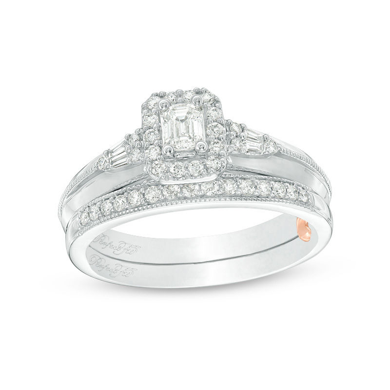 Main Image 1 of 1/2 CT. T.W. Emerald-Cut Diamond Frame Vintage-Style Interlocking Bridal Set in 10K White Gold