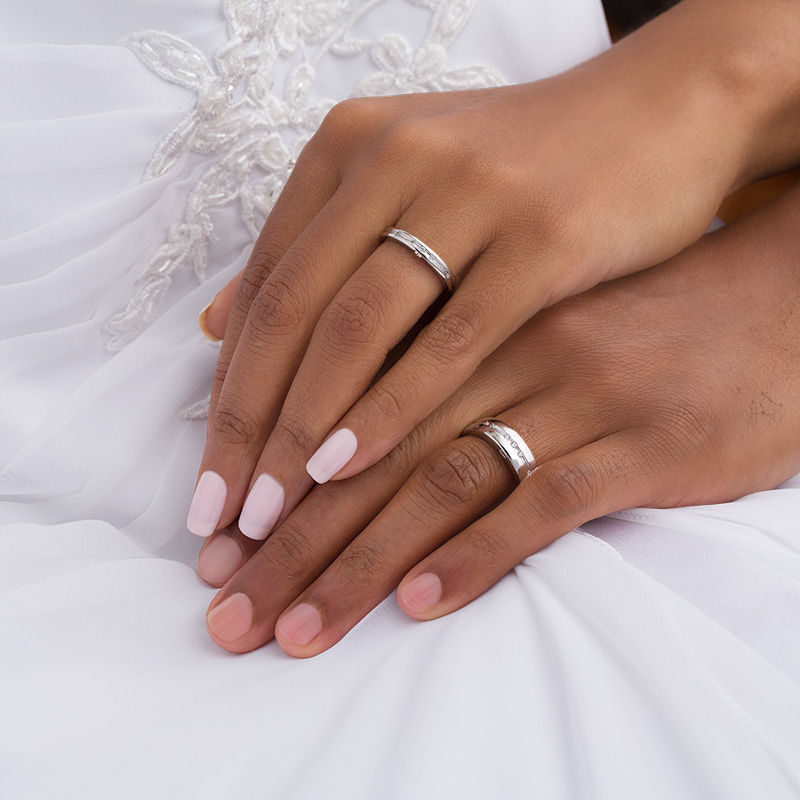 Main Image 3 of 1/8 CT. T.W. Diamond Duo Wedding Band Set in 10K White Gold - Size 7 and 10