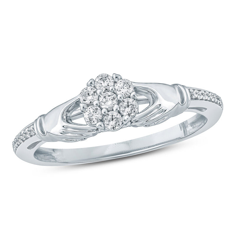 1/5 CT. T.W. Multi-Diamond Claddagh Promise Ring in 10K White Gold